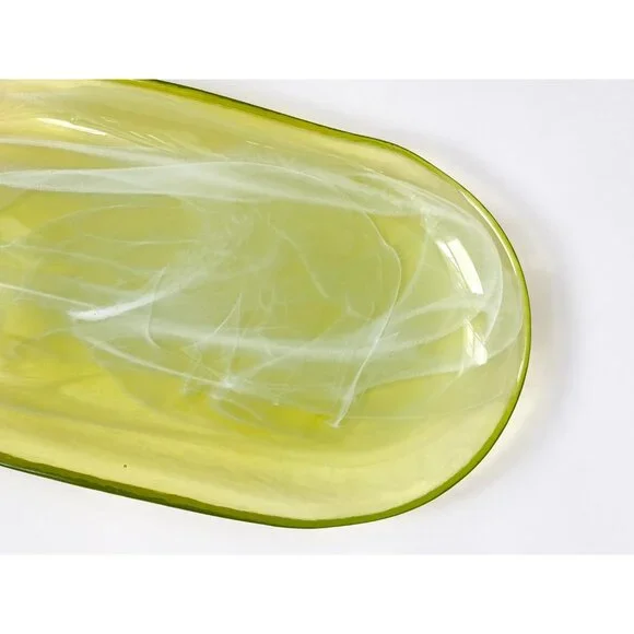 Lemon Lime Swirly Patterned Art Glass Oval Shaped Vintage Decorative Plate - Picture 3 of 13